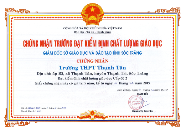 CHỨNG NHẬN Trường THPT Thạnh Tân đạt kiểm định chất lượng giáo dục Cấp độ 2