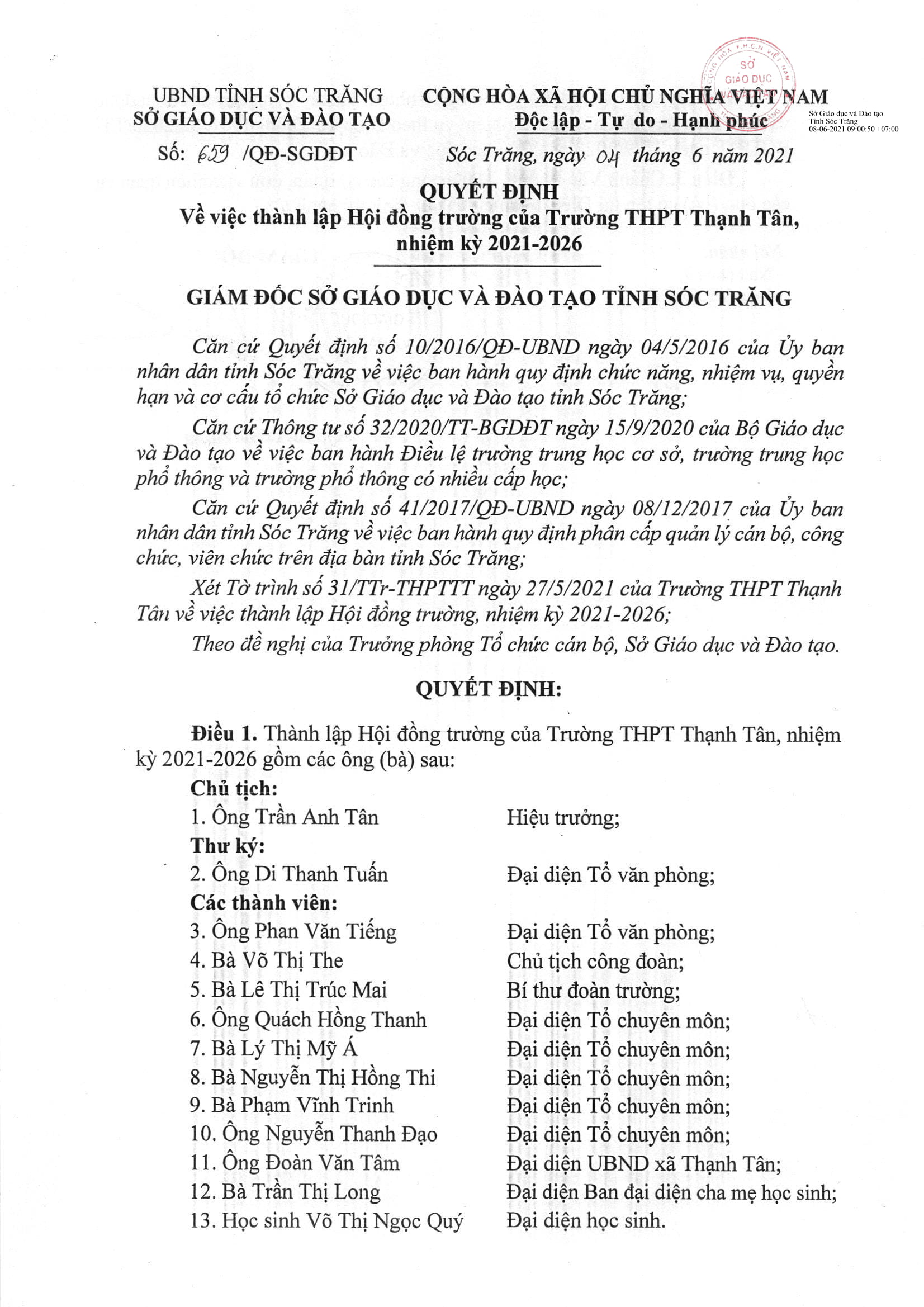 Quyết định Thành lập Hội đồng trường THPT Thạnh nhiệm kỳ 2021-2026