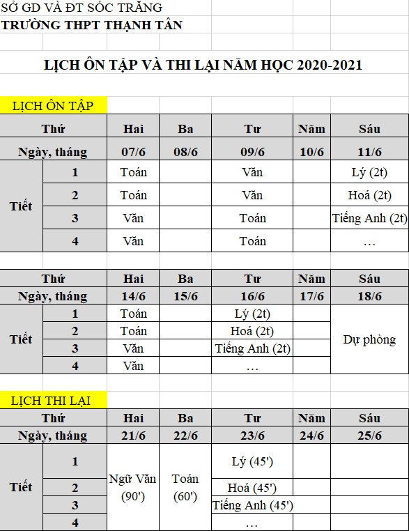 LỊCH ÔN TẬP VÀ THI LẠI NĂM HỌC 2020-2021