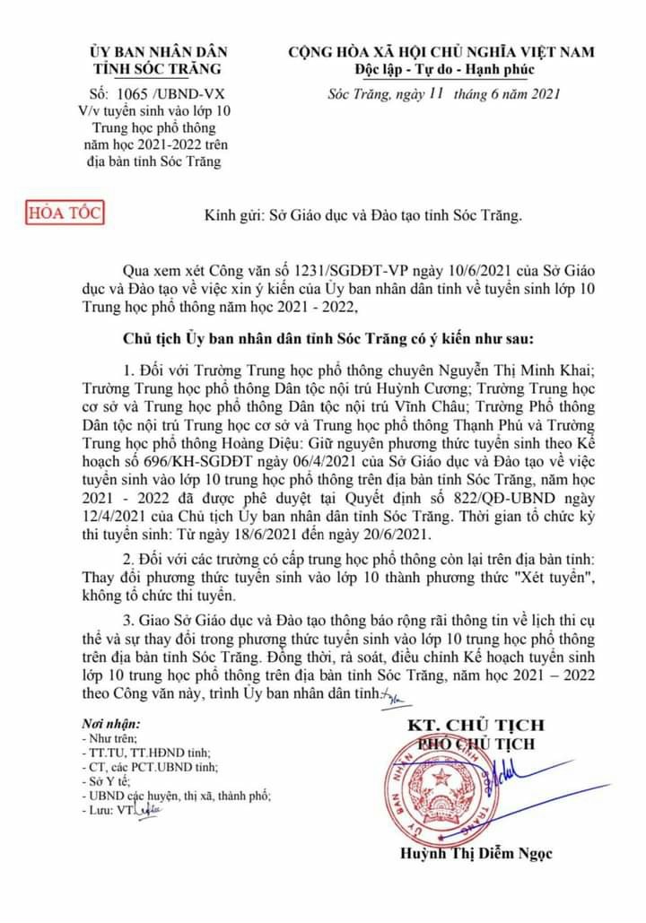 Thông báo về việc thay đổi phương thức tuyển sinh vào lớp 10 thành phương thức \"Xét tuyển\", không tổ chức thi tuyển năm 2021-2022