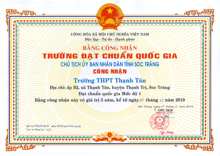 Quyết định cấp Bằng công nhận trường đạt chuẩn quốc gia, Mức độ 1 cho Trường THPT Thạnh Tân, tỉnh Sóc Trăng